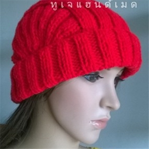 [hat57] หมวกไหมพรมถักนิตติ้งสีแดงส้มมีขอบพับได้ (สั่งทำ)