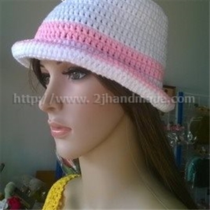 [hat053] หมวกไหมพรม ถักโครเชต์ สำหรับผู้ใหญ่ สีขาวคาดชมพู แบบที่ 53 (สั่งทำ)