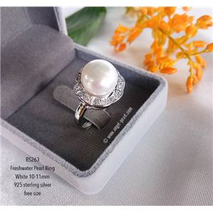 [RS263] แหวนไข่มุกแท้สีขาว เม็ดใหญ่ 10-11mm ล้อมเพชร CZ