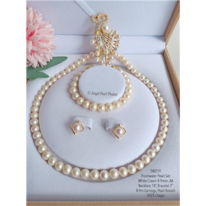 [SW219] ชุดเครื่องประดับไข่มุกแท้สีขาว 8-9mm, AA พร้อมเข็มกลัดมุกแท้