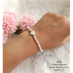 [BW138] สร้อยข้อมือไข่มุกแท้ ทรงบาร์ร้อคและหยดน้ำน่ารัก