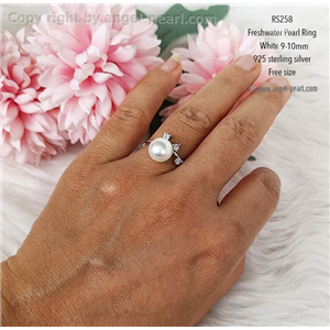 [RS258] แหวนไข่มุกแท้สีขาว ขนาด 9-10mm แต่งเพชร CZ น่ารัก