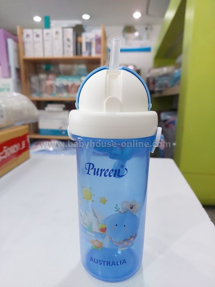 Pureen กระติกน้ำพร้อมหลอดดูด+สายคล้อง สีฟ้าลายใหม่