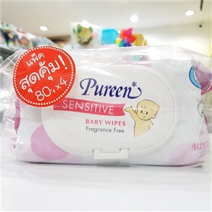 Pureen ทิชชู่เปียก 80ชิ้น Sensitive สีชมพู Pack4ห่อ