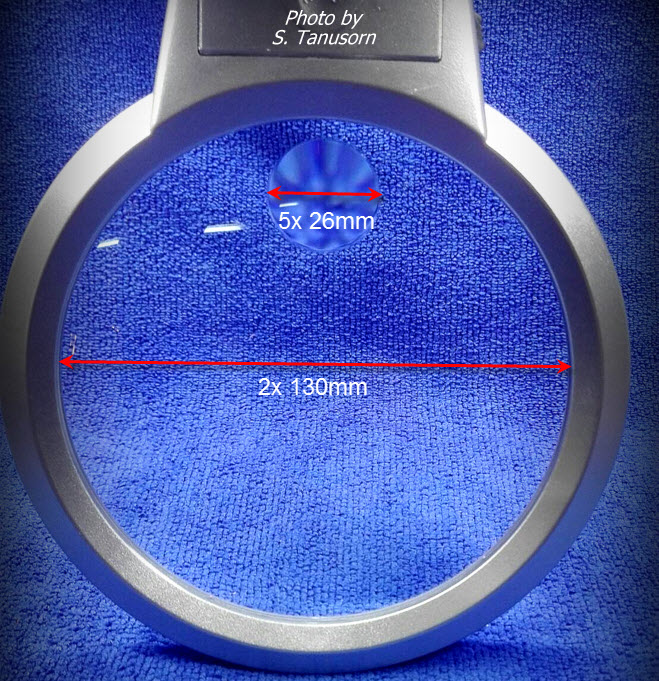 แว่นขยายแบบมีขาหนีบมีไฟ เลนส์ 2x 130 มิล 5x 26 มิล