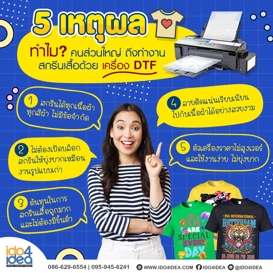 5 เหตุผลทำไมคนส่วนใหญ่ถึงทำงานสกรีนเสื้อด้วยเครื่อง DTF IDO4IDEA ,ไอดูโฟร์ไอเดีย,เครื่องสกรีนเสื้อ,เครื่องพิมพ์เสื้อ,เครื่องพิมพ์DTF,เครื่องพิมพ์DFT,DTF,DFT