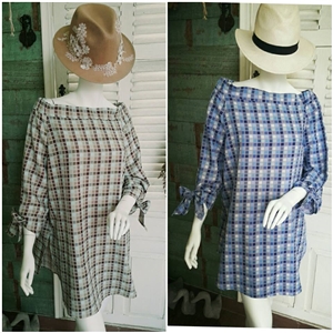 [d0112] เดรสโชว์ไหล่ ผ้าคอตตอนเนื้อนุ่ม ลายสก็อตมี 3 สีสวย size S , M