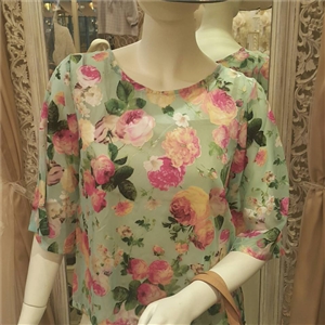 [b0101] เสื้อชีฟองลายดอกไม้ โทนสีฟ้าเทอร์ควอยซ์