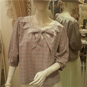 [b0262] เสื้อคอลูกไม้ ผ้าคอตตอนลายสก็อต