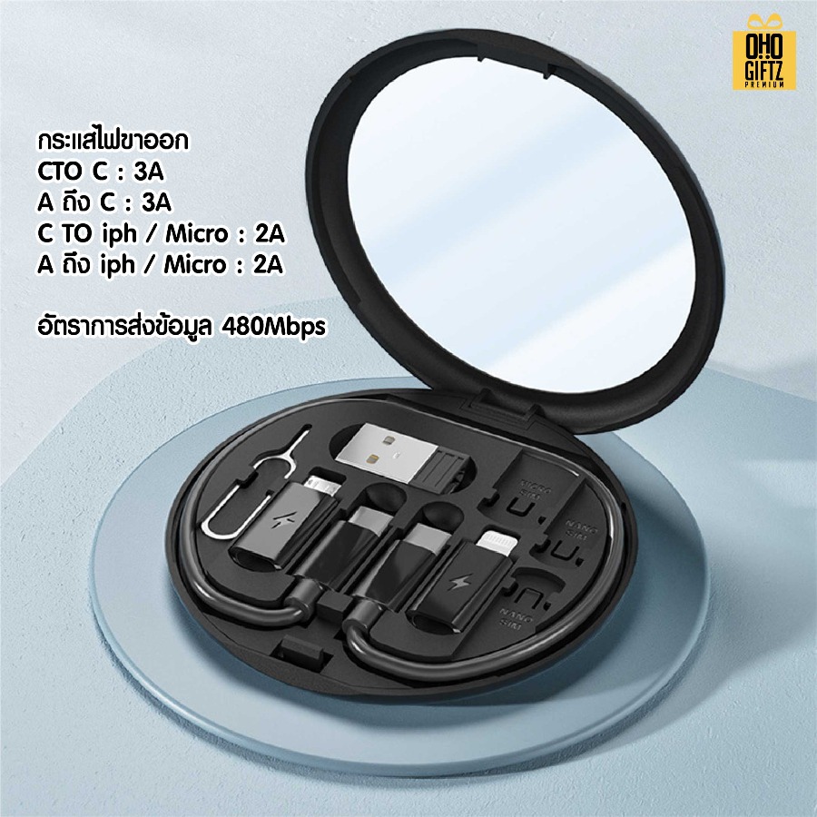 ชุดกล่องเก็บสายชาร์จ USB พร้อมกระจก สกรีนชื่อ โลโก้ ทำเป็นของพรีเมี่ยมได้