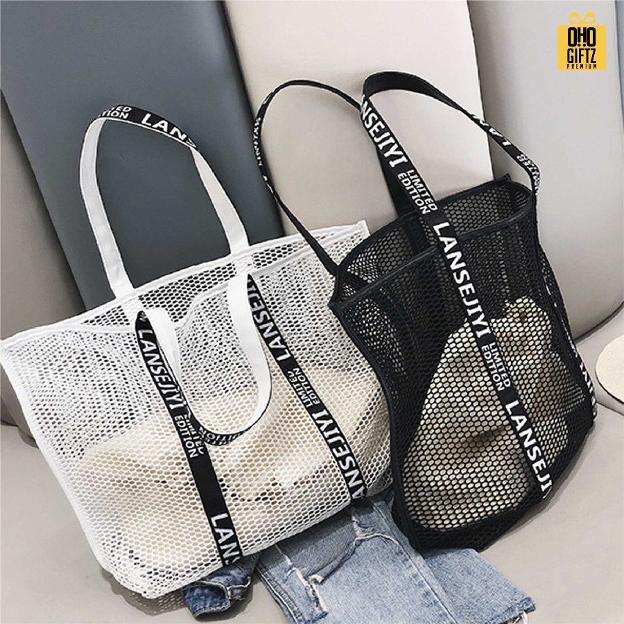 กระเป๋าตาข่ายชายหาด สกรีนโลโก้ ทำเป็นของพรีเมี่ยมได้