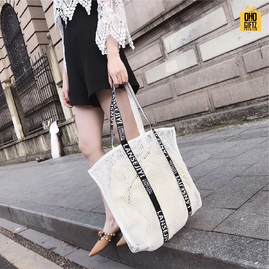 กระเป๋าตาข่ายชายหาด สกรีนโลโก้ ทำเป็นของพรีเมี่ยมได้