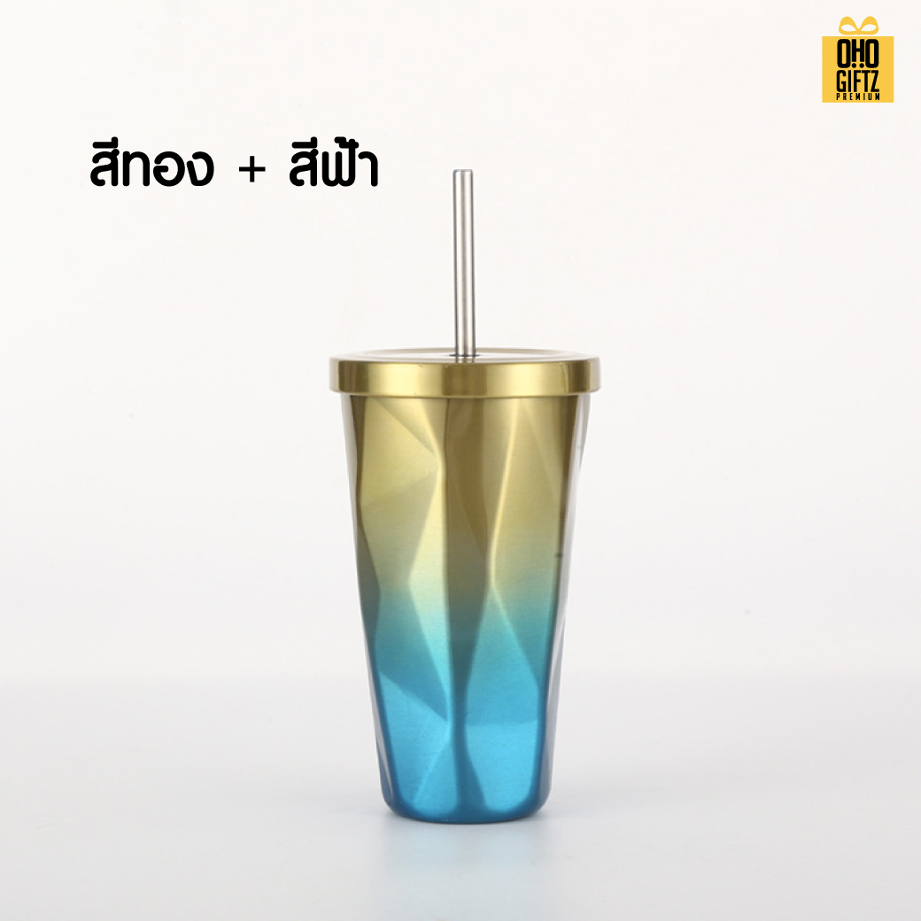 แก้วสแตนเลสทรงเพชร 2 tone สกรีนโลโก้  ทำเป็นของพรีเมี่ยมได้