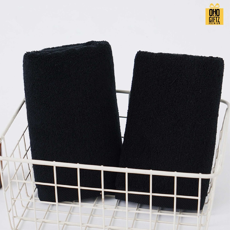 ผ้าขนหนูคอตต้อนสีดำ ปักโลโก้ ผลิตโลโก้ ติดลาเบล ทำเป็นของพรีเมี่ยมได้