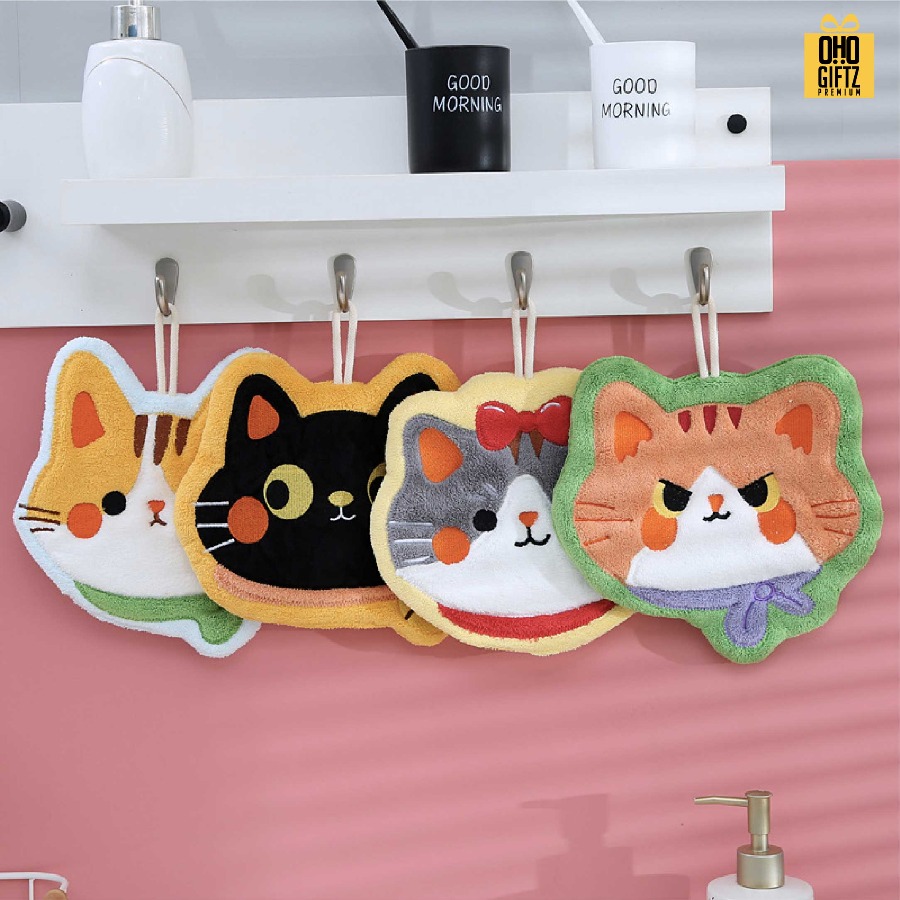 ผ้าเช็ดมือลายน้องแมว สกรีนโลโก้ ติดลาเบล ทำเป็นของพรีเมี่ยมได้