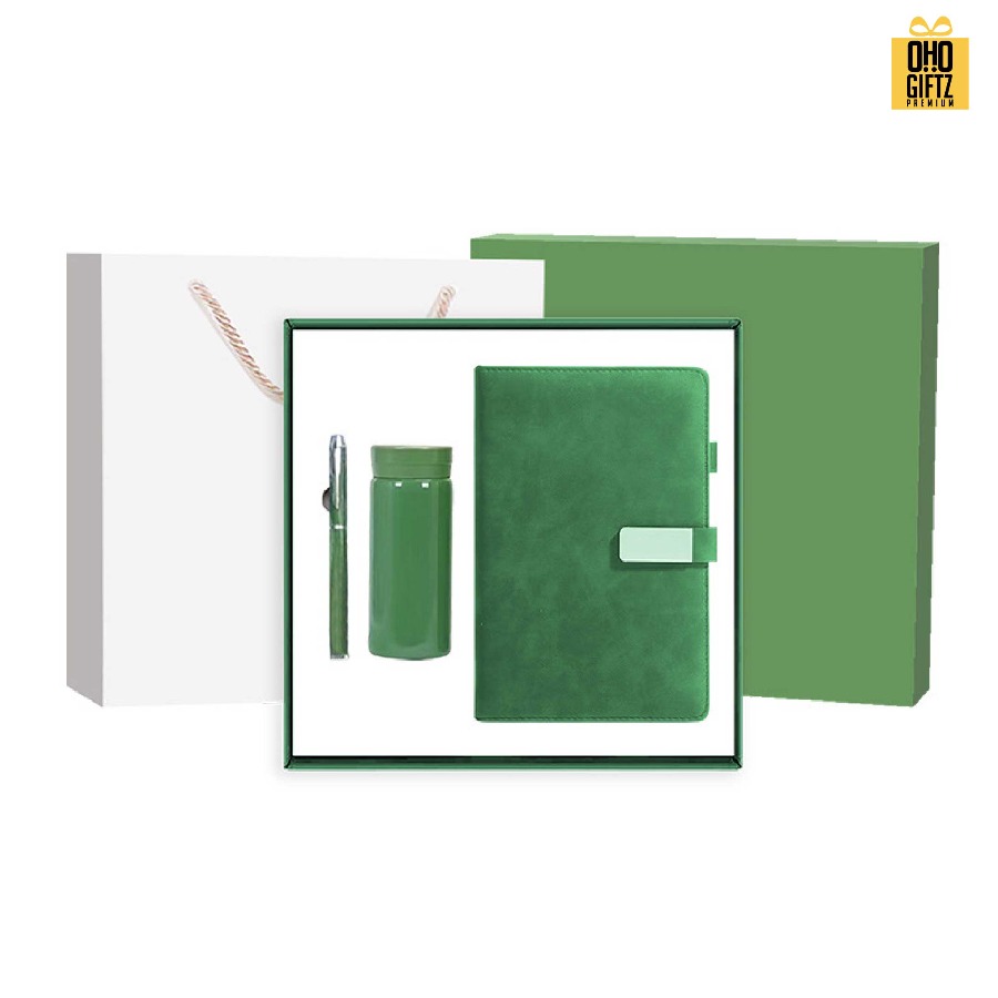 ชุดเซ็ทของขวัญสมุด กระบอก ปากกา สีเขียว สกรีนโลโก้ ทำเป็นของพรีเมี่ยม ของชำร่วย