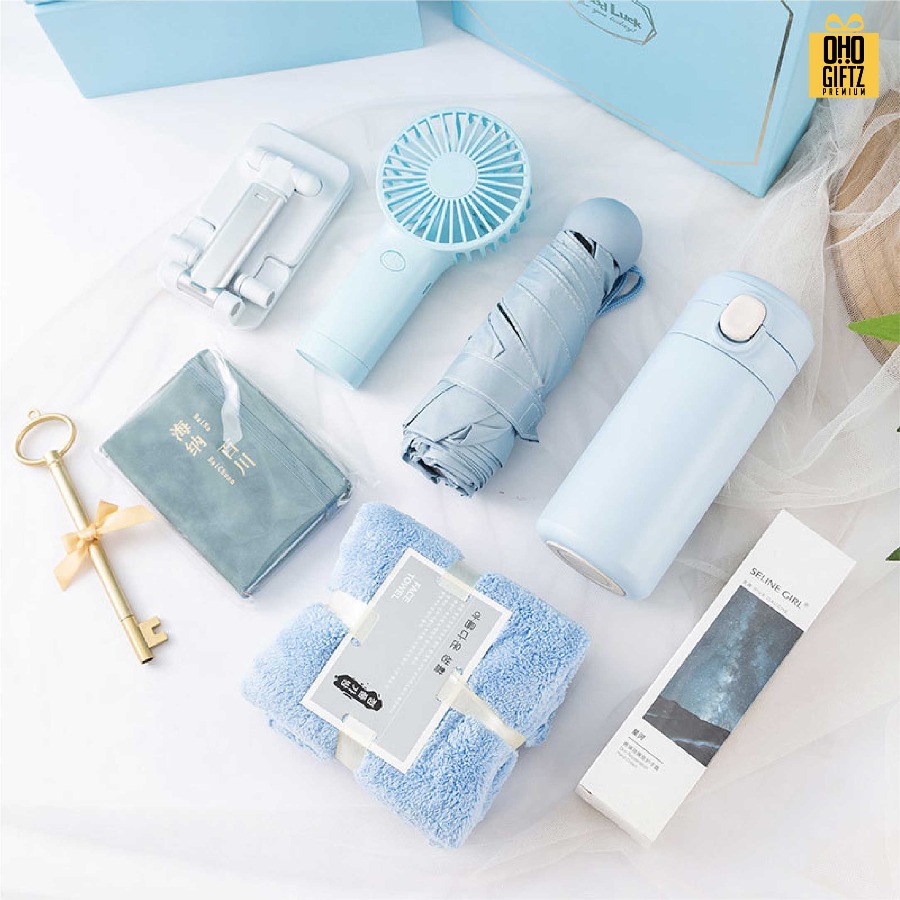 ชุดของขวัญโทนสีฟ้า สกรีนโลโก้ ทำเป็นของพรีเมี่ยม ของชำร่วย