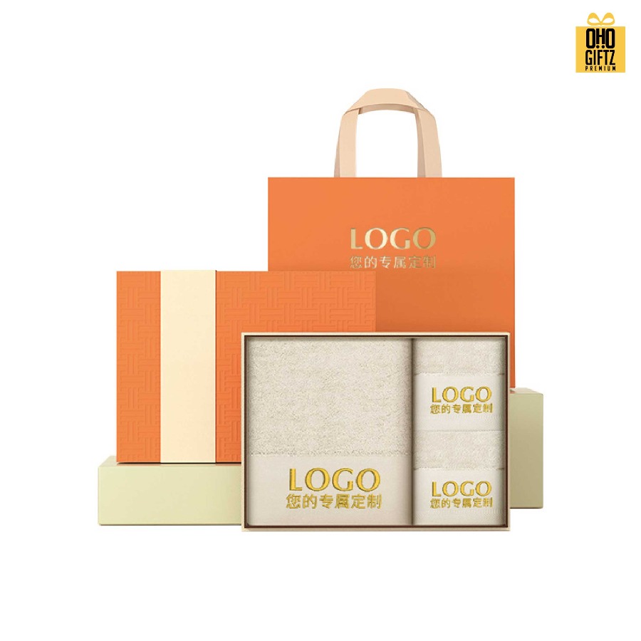 ชุดเซ็ทของขวัญผ้าขนหนู สกรีนโลโก้ ทำเป็นของพรีเมี่ยม ของชำร่วย