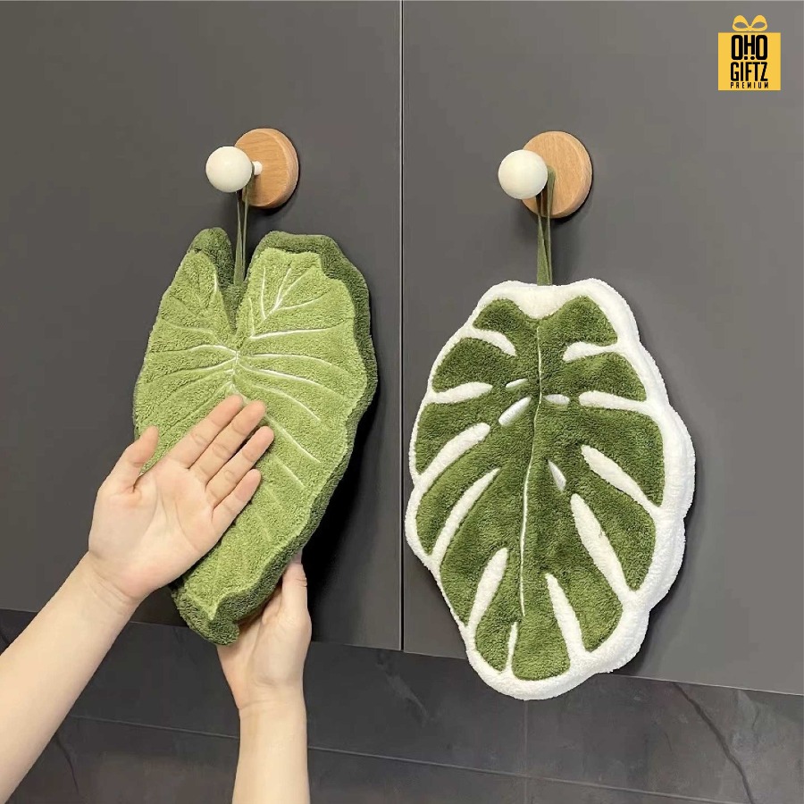 ผ้าเช็ดมือขนกำมะหยี่ทรงใบไม้ สกรีนโลโก้ ติดลาเบล ทำเป็นของพรีเมี่ยมได้