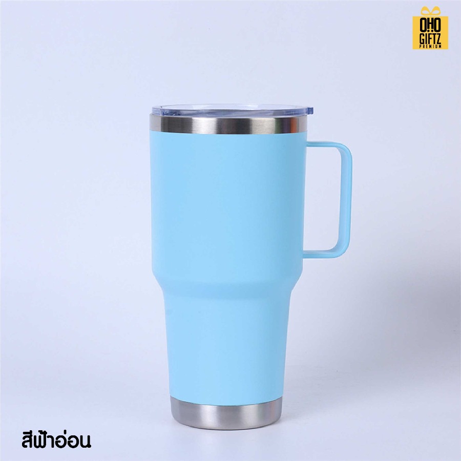 แก้วสแตนเลสเก็บความเย็นมีหู สกรีนโลโก้ ทำเป็นของพรีเมี่ยมได้