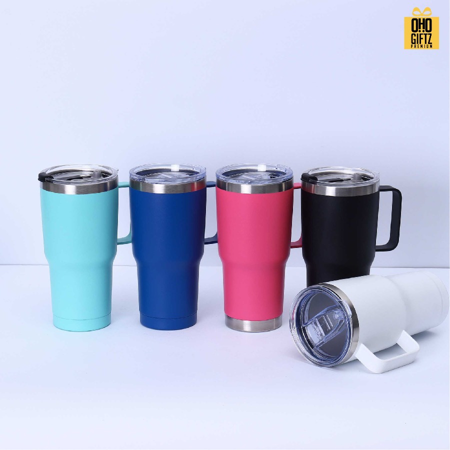 แก้วสแตนเลสเก็บความเย็นมีหู สกรีนโลโก้ ทำเป็นของพรีเมี่ยมได้