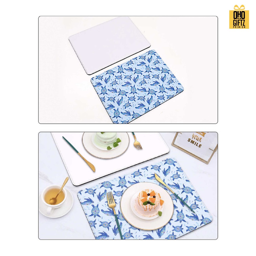 แผ่นรองจานหนัง PU พิมพ์ลายไม่จำกัดสี สกรีนชื่อ ทำเป็นของพรีเมี่ยมได้