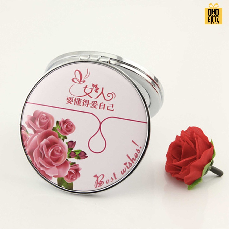 ตลับกระจกขอบโลหะ พิมพ์ไม่จำกัดสี 2 ด้าน สกรีนโลโก้ ทำเป็นของพรีเมี่ยมได้