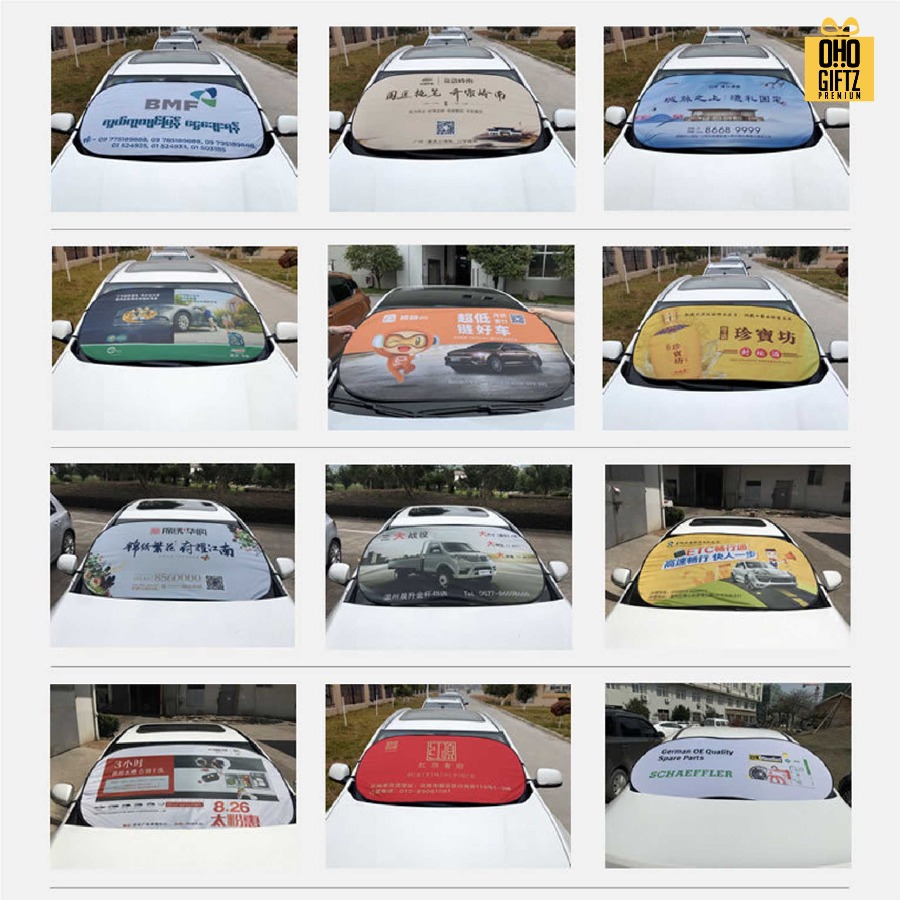 ม่านบังแดดรถบนต์แบบแผ่นใหญ่ สกรีนลายเต็มไม่จำกัดสี สกรีนโลโก้ ทำเป็นของพรีเมี่ยมได้