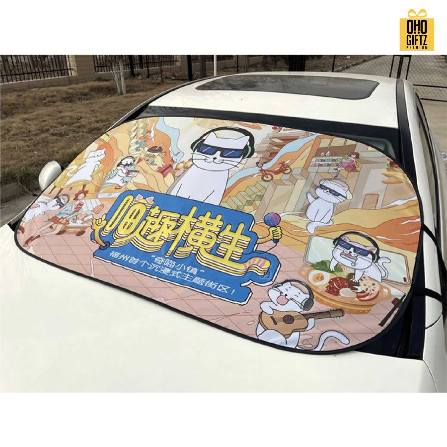 ม่านบังแดดรถบนต์แบบแผ่นใหญ่ สกรีนลายเต็มไม่จำกัดสี สกรีนโลโก้ ทำเป็นของพรีเมี่ยมได้