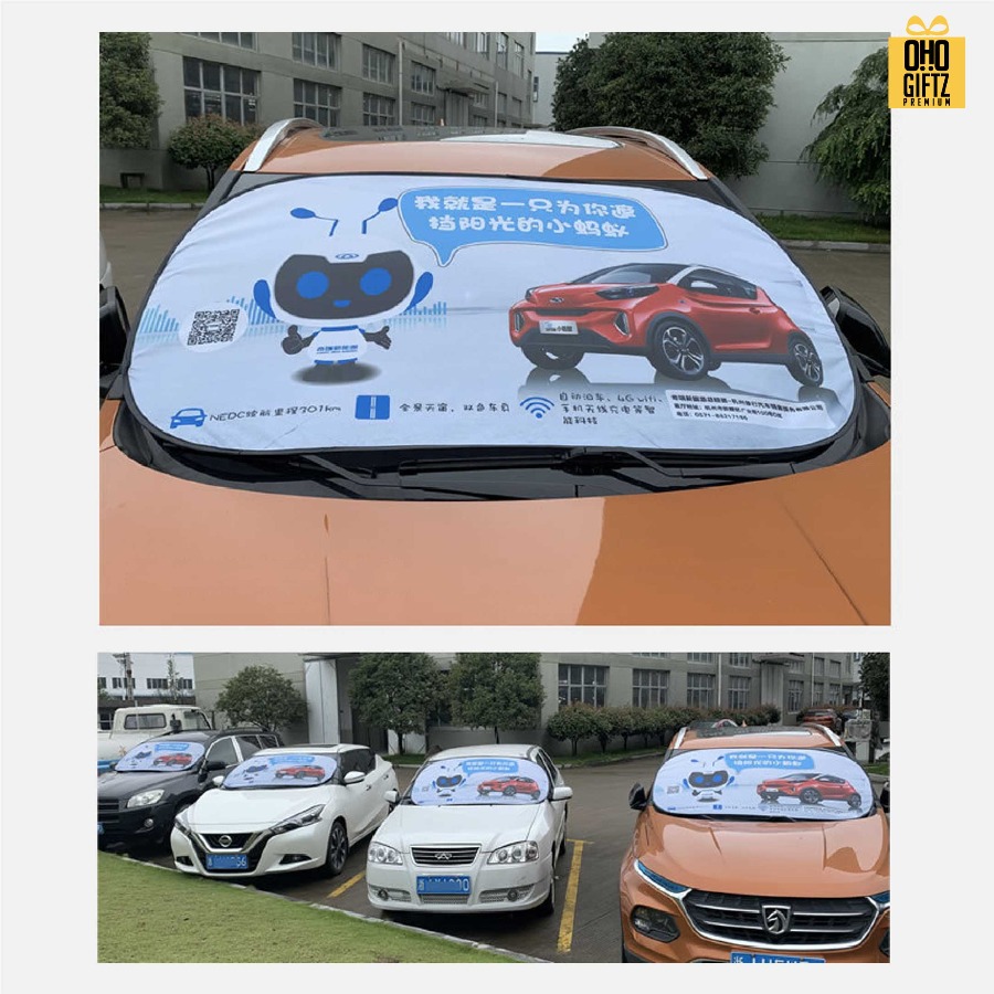 ม่านบังแดดรถบนต์แบบแผ่นใหญ่ สกรีนลายเต็มไม่จำกัดสี สกรีนโลโก้ ทำเป็นของพรีเมี่ยมได้