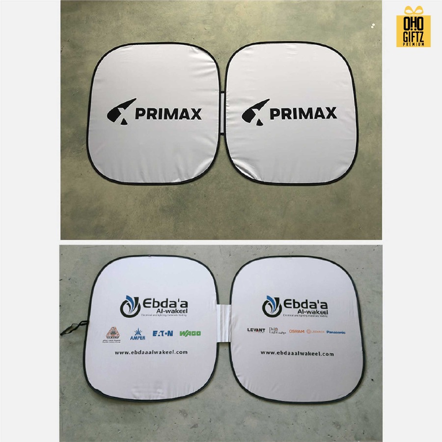 ม่านบังแดดรถยนต์ทรงเหลี่ยมคู่ สกรีนโลโก้ ทำเป็นของพรีเมี่ยมได้