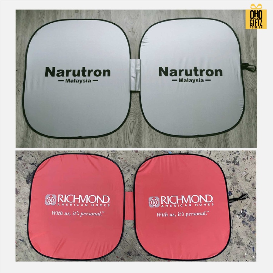 ม่านบังแดดรถยนต์ทรงเหลี่ยมคู่ สกรีนโลโก้ ทำเป็นของพรีเมี่ยมได้