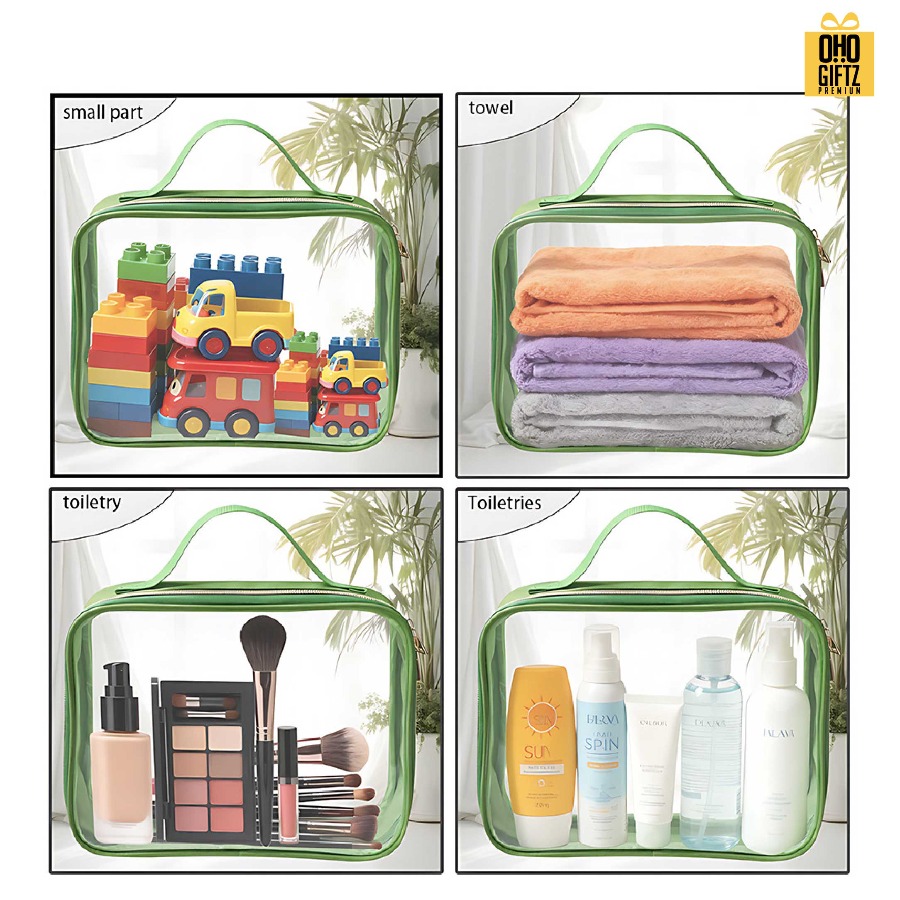 กระเป๋าใส่เครื่องสำอาง ขอบ PU ด้านหน้า PVC สกรีนโลโก้ ทำเป็นของพรีเมี่ยมได้