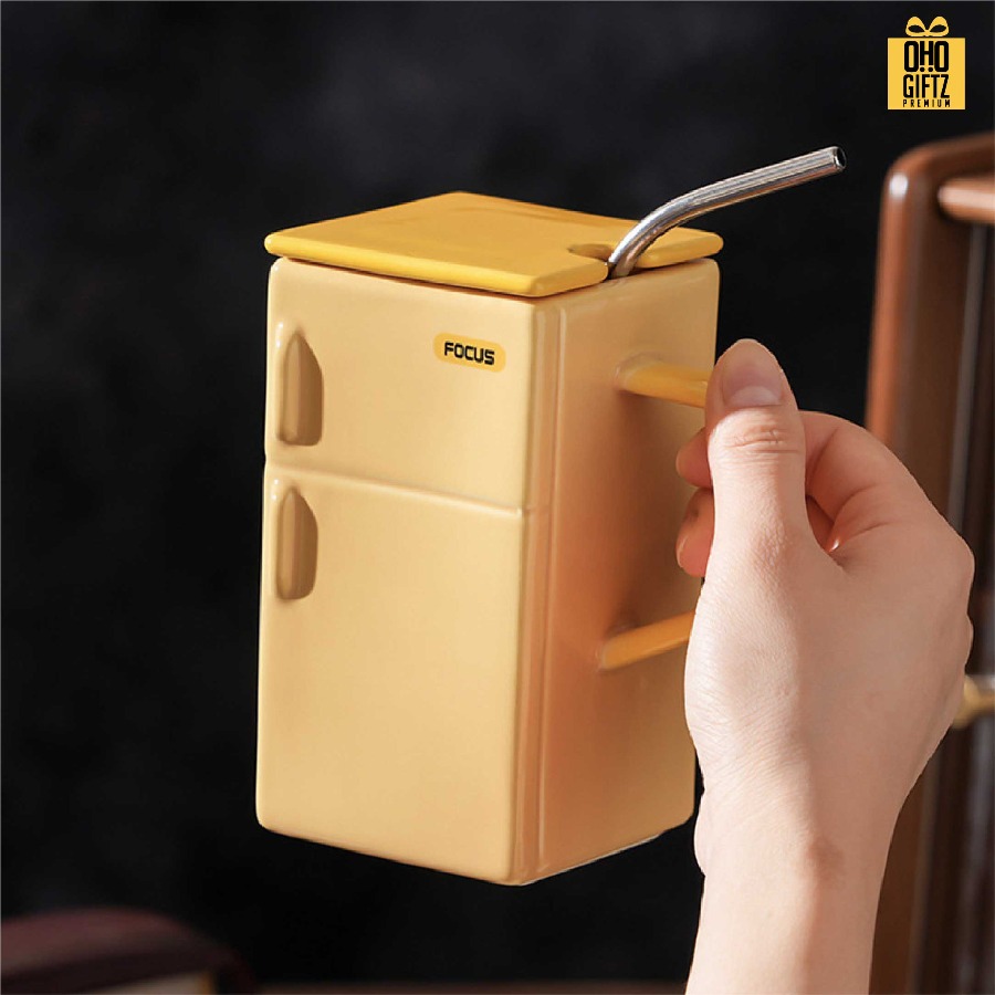 แก้วเซรามิคทรงตู้เย็นเรโทร สกรีนชื่อ สกรีนโลโก้ ทำเป็นของพรีเมี่ยมได้