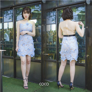 [COCO] เดรสสั้นผ้าลูกไม้สีฟ้าทอลายดอกไม้เป็น3Dสวยสไ