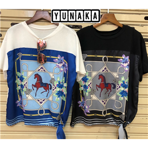 [Yunaka] เสื้อยืดต่อผ้ามันลายม้า
