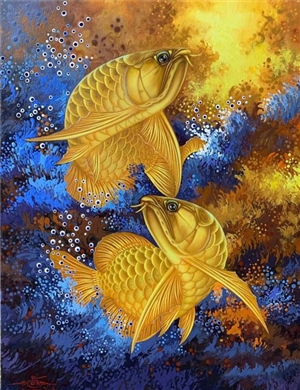 ภาพเขียน ปลามังกรทองคู่ เน้นความเจริญรุ่งเรือง