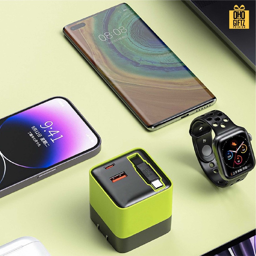 หัวชาร์จ GaN 65W มีสายชาร์จในตัว สกรีนชื่อ,โลโก้ ทำเป็นของพรีเมี่ยมได้
